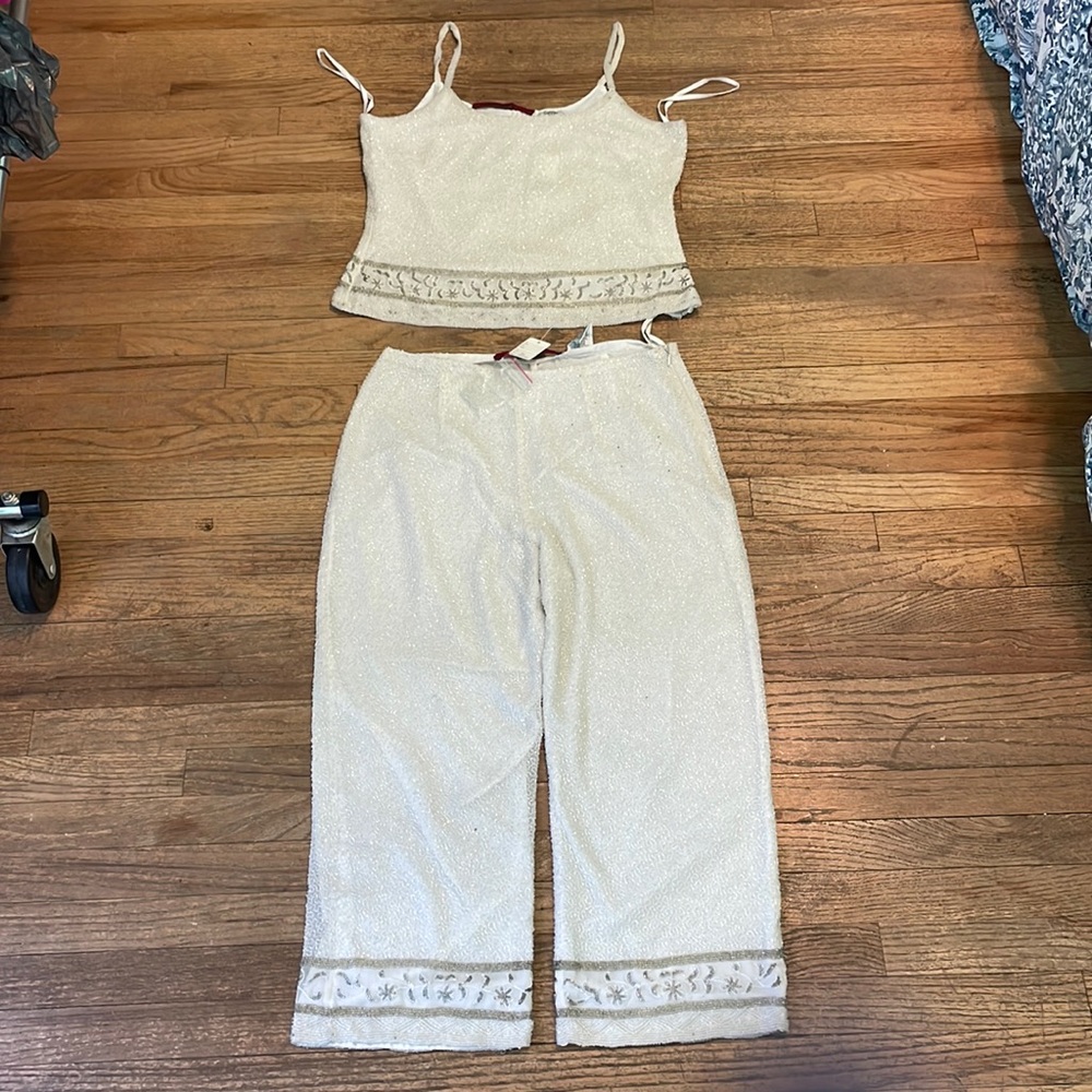 Emma Black hand-beaded spaghetti-strap, tank top & matching Capri pants set